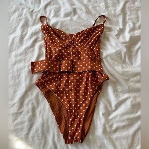 We Wore What  belted brown and white polka dot bathing suite. Size small